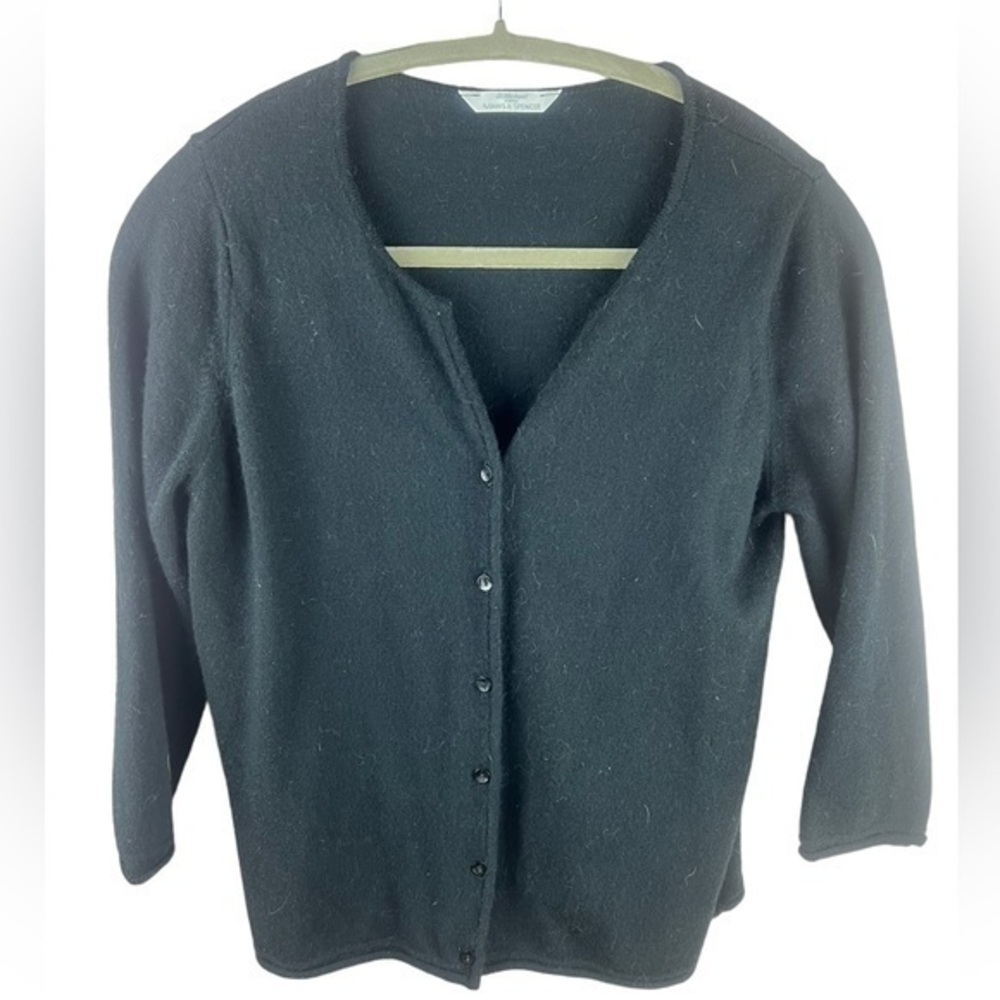 Marks & Spencer women black button up merino wool blend cardigan sweater UK 16